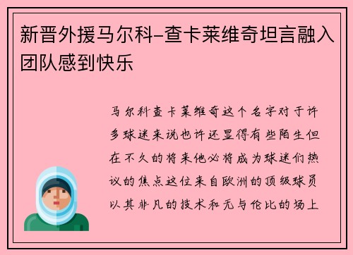 新晋外援马尔科-查卡莱维奇坦言融入团队感到快乐